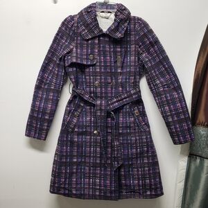 Richard Chai for Target Plaid Trench Coat Size S Purple Blue Double Breasted Mod